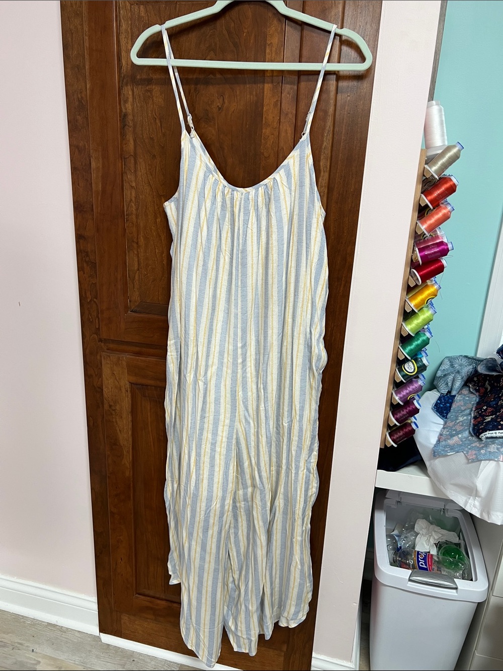 Striped Spaghetti-Strap Jumpsuit in Light Blue & Pale Yellow